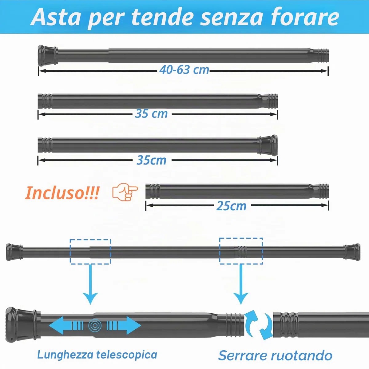 Bastone Tenda a Pressione Senza Forare Bastone per Tenda a Pressione Bastone Tenda Doccia, Lunghezza 83-160cm(1 pezzo), Diametro 25mm,Bianco