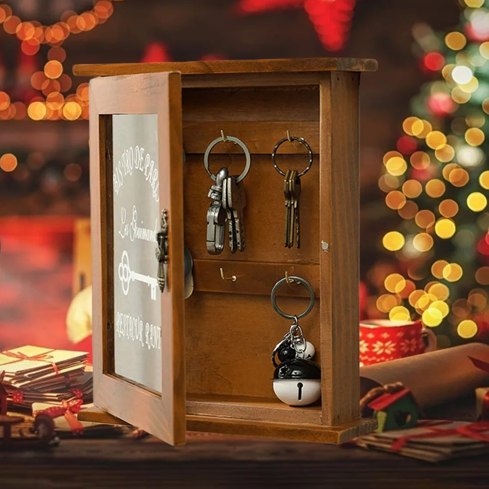 Portachiavi in Legno con Montaggio a Parete - Scatola a Muro Bella e Durevole con Porta in Vetro Retrò - 6 Ganci