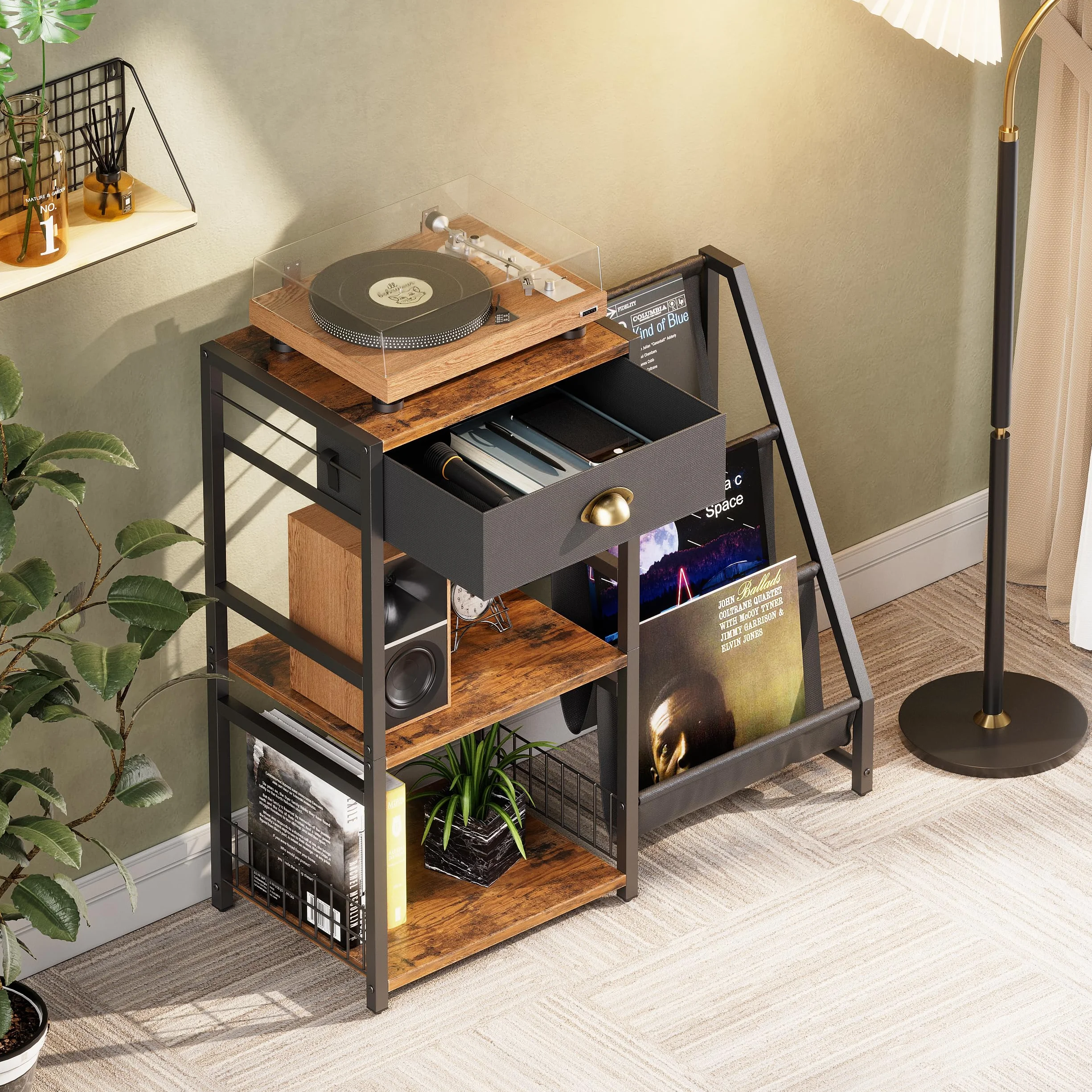 Supporto per giradischi a 3 ripiani, stile vintage, con cassetto, supporto per dischi in vinile, con 3 livelli, 86 x 30 x 75 cm