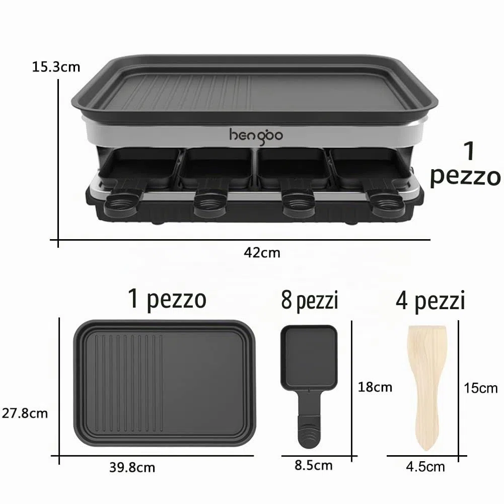 Raclette 8 Persone Piastra Raclette Grill in Alluminio, 8 Pentolini da Raclette, Calore Regolabile Continuo Termostato, 1500 Watt