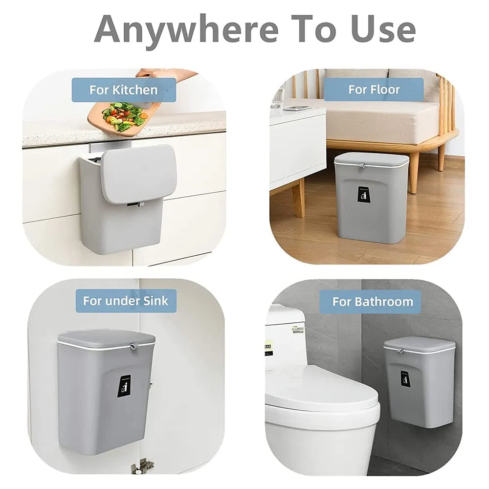 OHMG Pattumiera per compost da cucina, 9 l, piano di lavoro o sotto il lavandino, piccola pattumiera sospesa con coperchio per bagno e camera da letto, secchio per compost per interni