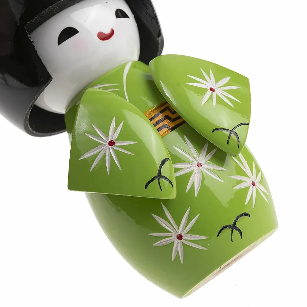 lachineuse - Trio Kokeshi giapponesi - Bambole giapponesi in legno - Kimono verde e fiori di ciliegio - Statuine decorative giapponesi - Idea regalo originale per decorazioni asiatiche