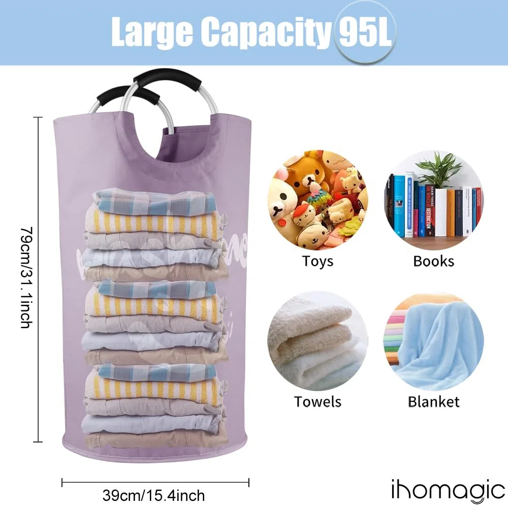 95L Grande Ceste per la Biancheria in tessuto, Cesto Portabiancheria Pieghevole, Cesta del Bucato Portatile Raggruppabili Sacchi da Biancheria per Camera da letto, Bureau, Smiley-Viola