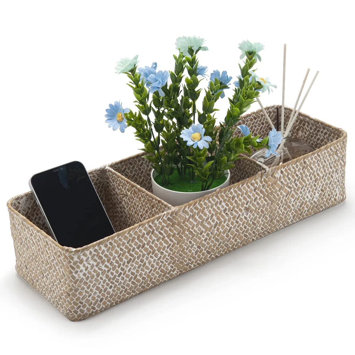 Cesta Portaoggetti Seagrass Scatola di Vimini Rettangolare con Scomparti per Organizzare di Carta Igienica Imbiancare (42cm x 14cm x 9cm)