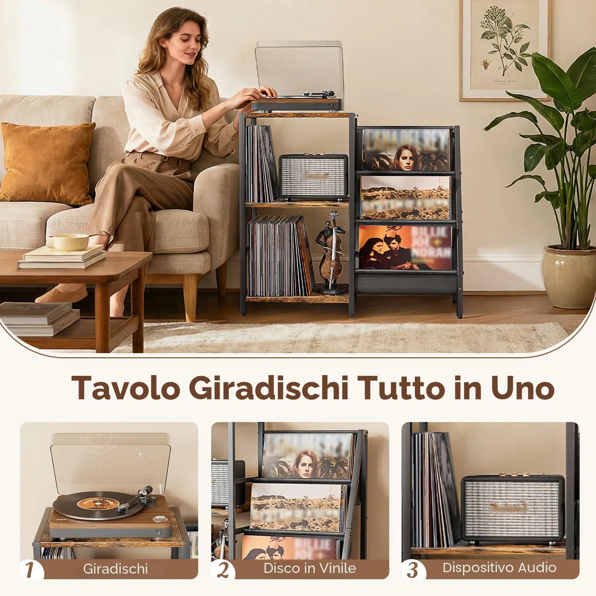 Bikoney Giradischi Vinili Stand Tavolino con Archiviazione Record in Vinile a 3 livelli, Espositore per Dischi in Vinile Fino a 200 album,Gabinetto del Supporto da Record in Vinile per Soggiorno