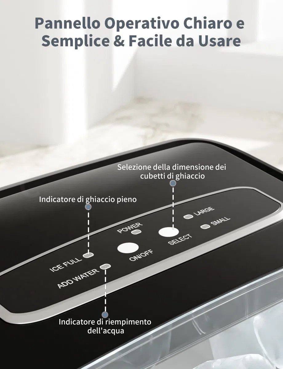Macchina Ghiaccio 12KG/24h, 2.2L Macchina del Ghiaccio Casa Professionale, S/L Dimensioni, Pronto in 6-9 Minuti, Silenzioso, Ice Maker per Casa/Bar, Nero