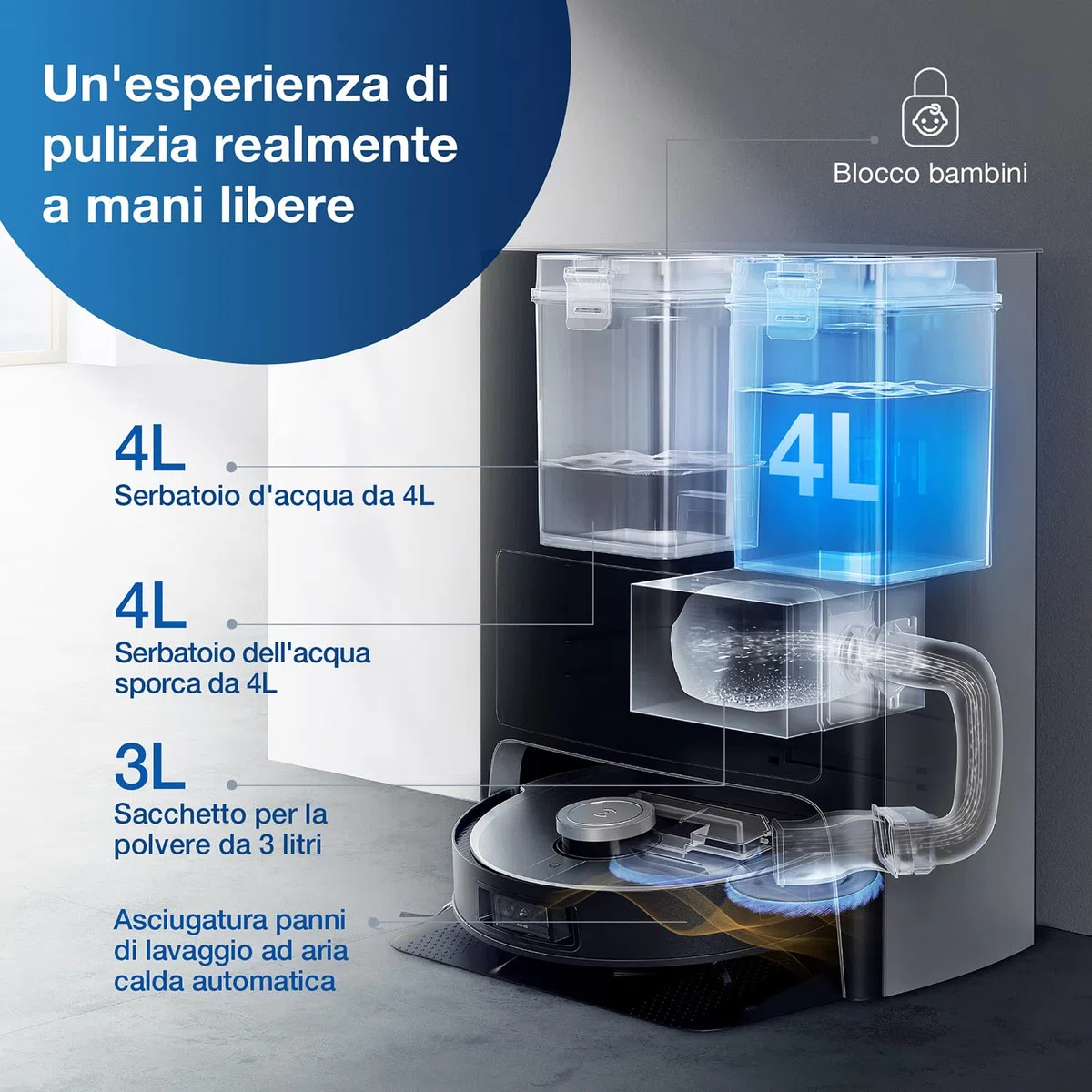 ECOVACS DEEBOT X1 OMNI, Robot Aspirapolvere con Funzione Lavaggio, Stazione di Pulizia Multifunzionale, Autopulizia Automatica, 5000pa, Rilevamento Ostacoli 3D, Batteria 260min, Assistente Vocale Yiko