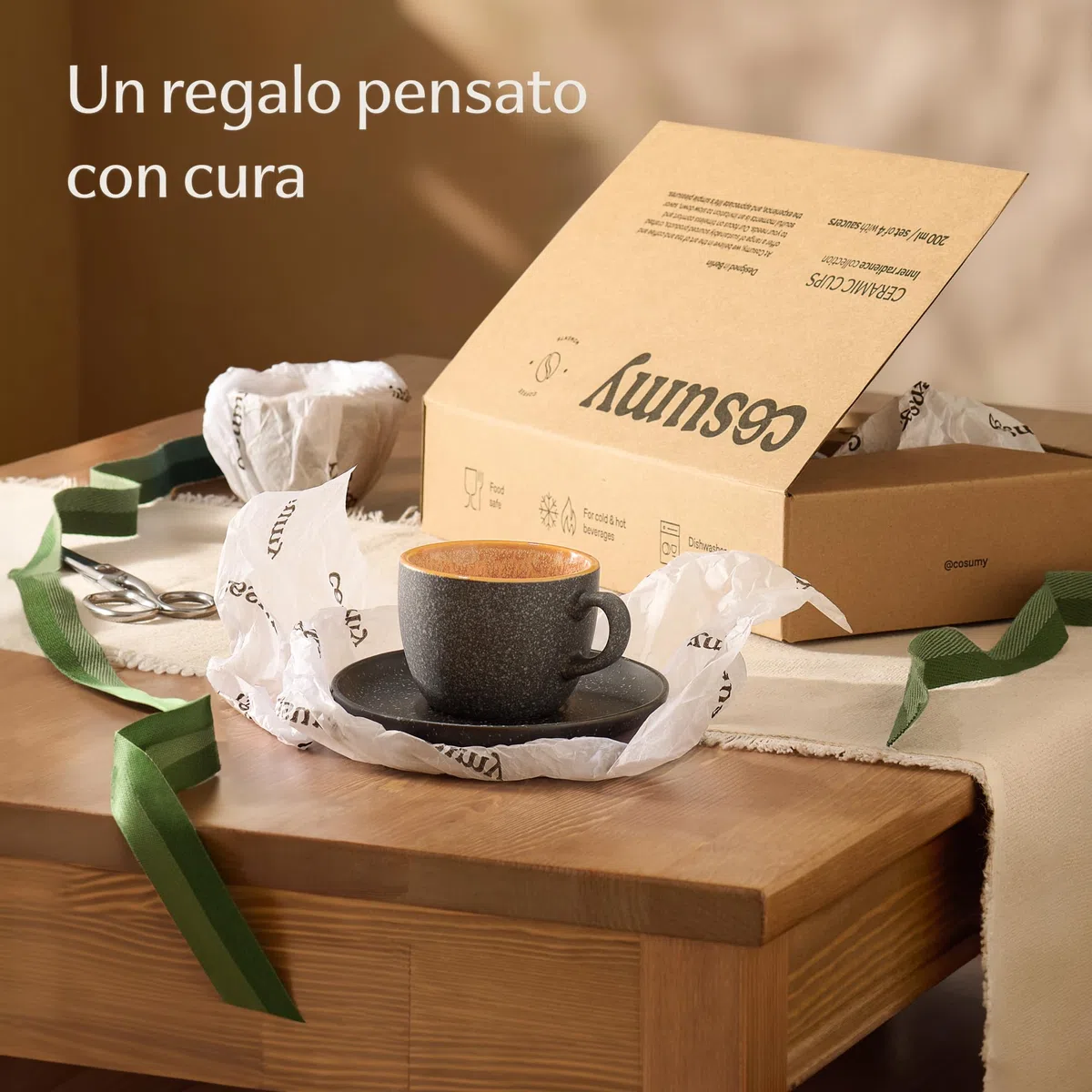 Cosumy Set di 4 Tazze per Cappuccino in Ceramica con Piattini - 200ml - Gres Spesso con Smalto Reattivo Artigianale – Mantiene il Calore a Lungo (Colorato)
