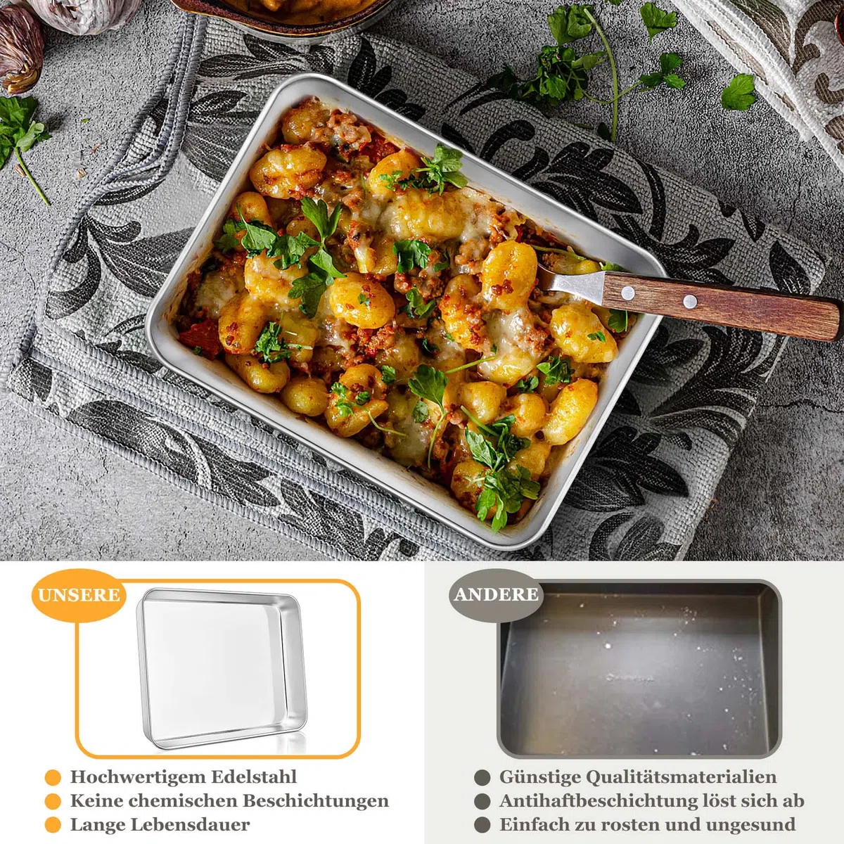 Teglia da forno Onader, 23,8 x 18 x 5 cm, in acciaio inox, rettangolare, piccola teglia da forno, per lasagne, atossica e sana, facile da pulire e lavabile in lavastoviglie