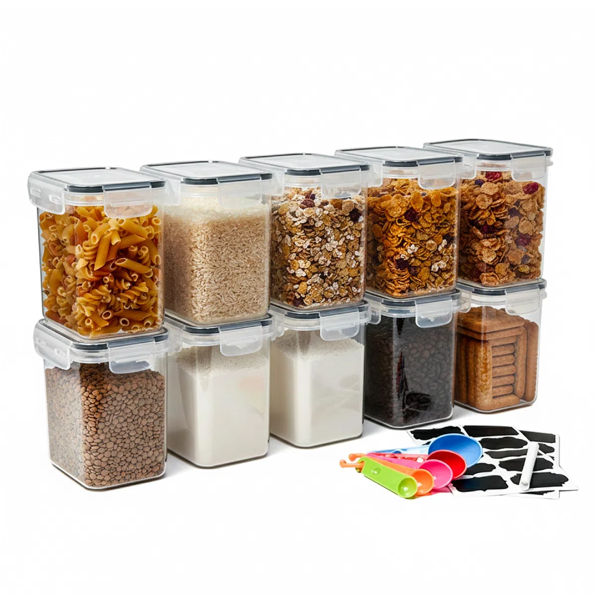 Baroni Home Set 10 Contenitori Ermetici per Alimenti da 1,4L Organizer Dispensa con Coperchio, Etichette Lavagna, Pennarello e Misurini, Sicuro in Lavastoviglie