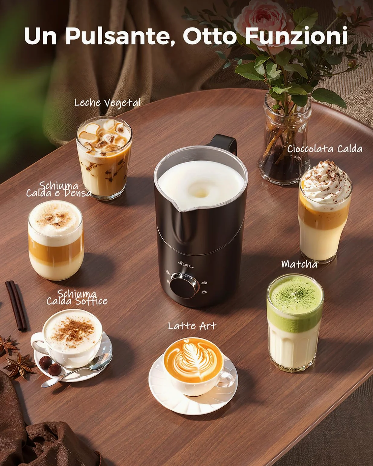 Montalatte Elettrico 8 in 1, Cappuccinatore con Tazza Rimovibile Lavabile in Lavastoviglie, Schiumalatte per Cappuccino, Latte Macchiato, Cioccolata e Latte Vegetale, 400 ml