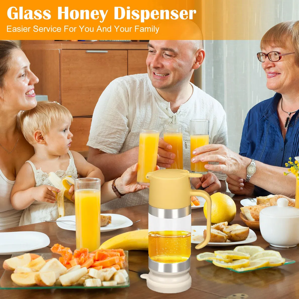 Dosatore Miele In Vetro 315Ml, 10,65Oz Dispenser Miele Antigoccia, Barattolo Per Miele In Vetro Borosilicato, Con Coperchio Superiore e Inferiore Rimovibile, Lavabile In Lavastoviglie (Giallo)