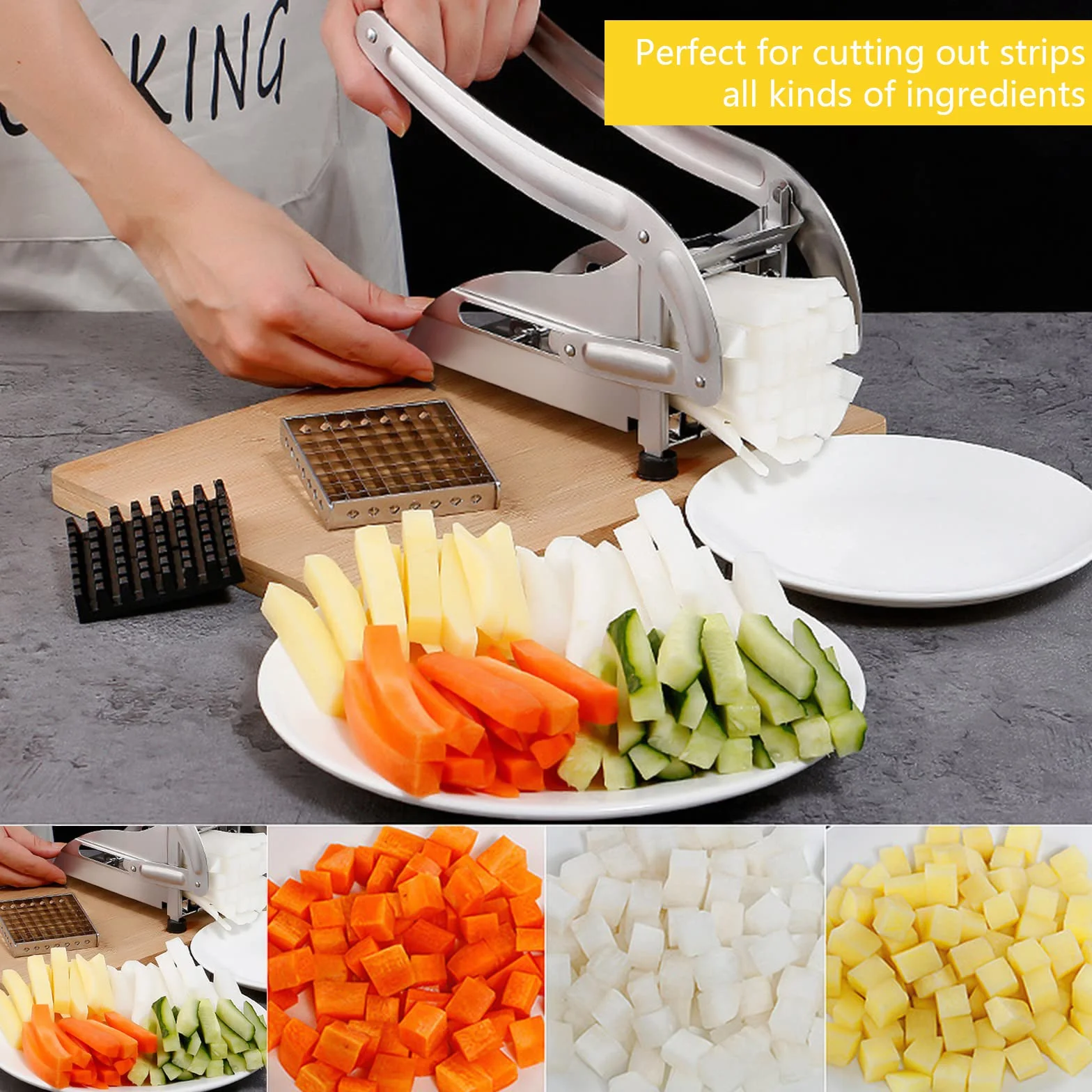 Tagliapatate Professionale Acciaio Inox Taglia Patate Fritte con 2 Lame Intercambiabili Sminuzzapatate Cippatrice per Cipolla Carota Frutta Patata Cetrioli