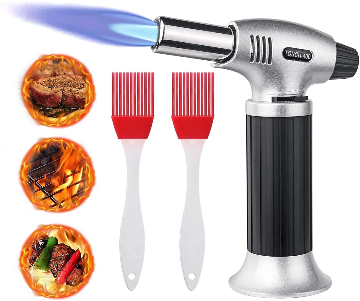 flintronic Torcia Cucina, Accenditore Cucinare Fiamma con 2 Spazzole Silicone, Ossidrica Torcia a Gas, Sicurezza&Fiamma Regolabile Torcia per il Barbecue (Butano Non Incluso) - Nero