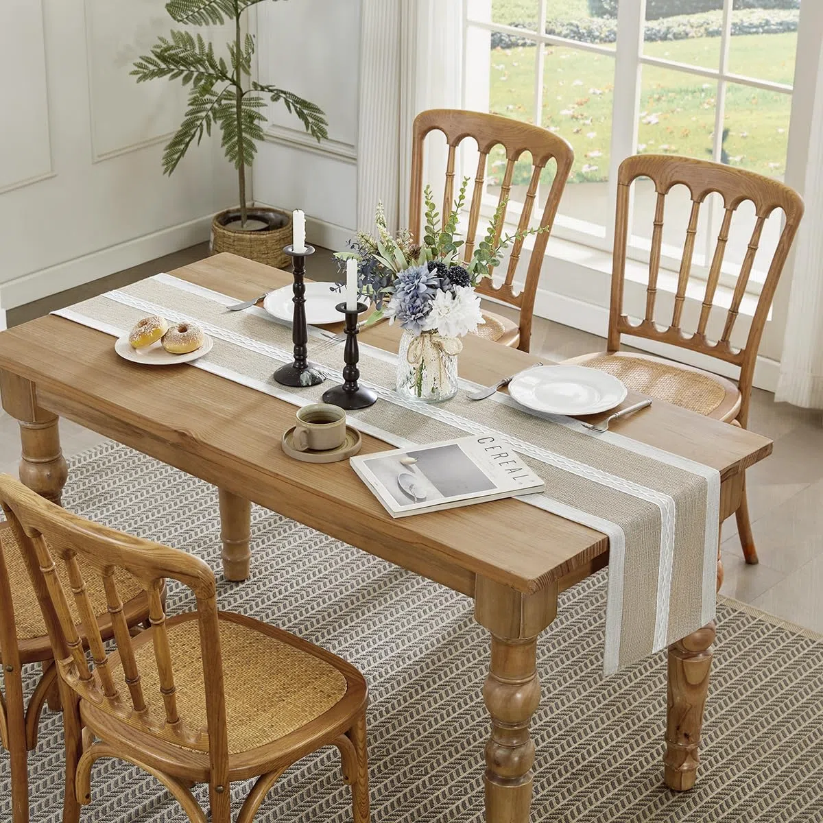 Wracra Runner da tavola in Lino e Cotone con Ricamo, Runner da Tavolo caffè da Esterno per Interni in Stile casalingo 275cm per Decorazioni di Cucina per Sala da Pranzo di Partito