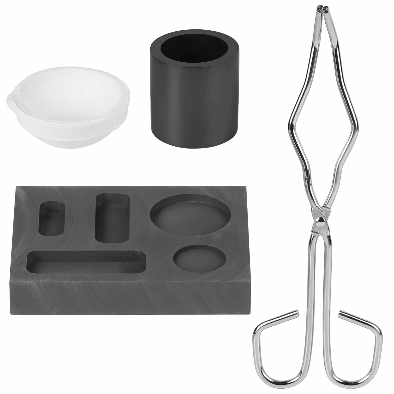 LALAGO 4 Pezzi Kit Crogiolo in Grafite, Stampo Crogiolo Tong Bowl Combo Lingotto di Scioglimento, Stampo per Grafite, Raffinazione per Fonderia per Lingotti di Platino, Oro, Argento e Lega di Ottone