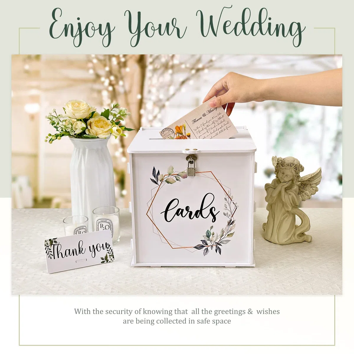 Scatola per biglietti di nozze bianca con lucchetto, confezione regalo in PVC per ricevimenti di nozze e decorazioni per feste