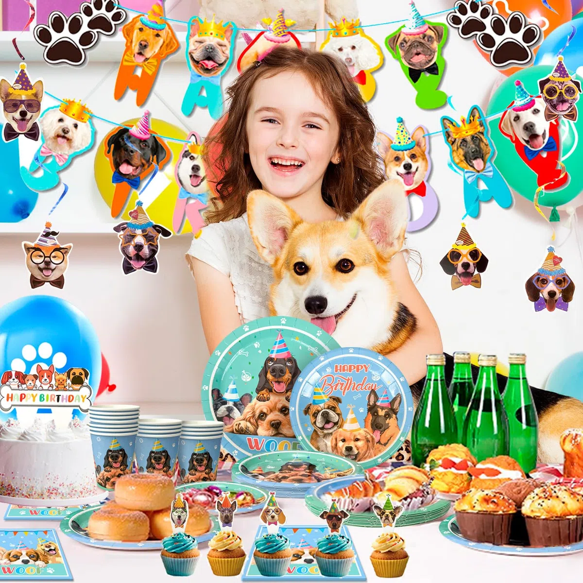 Festa di Compleanno di Tema del Cane,16ospiti Decorazione Stoviglie per Feste Cane Striscione Compleanno Palloncini Piatti Tovaglioli Tovaglia etc Forniture per Feste di cucciolo