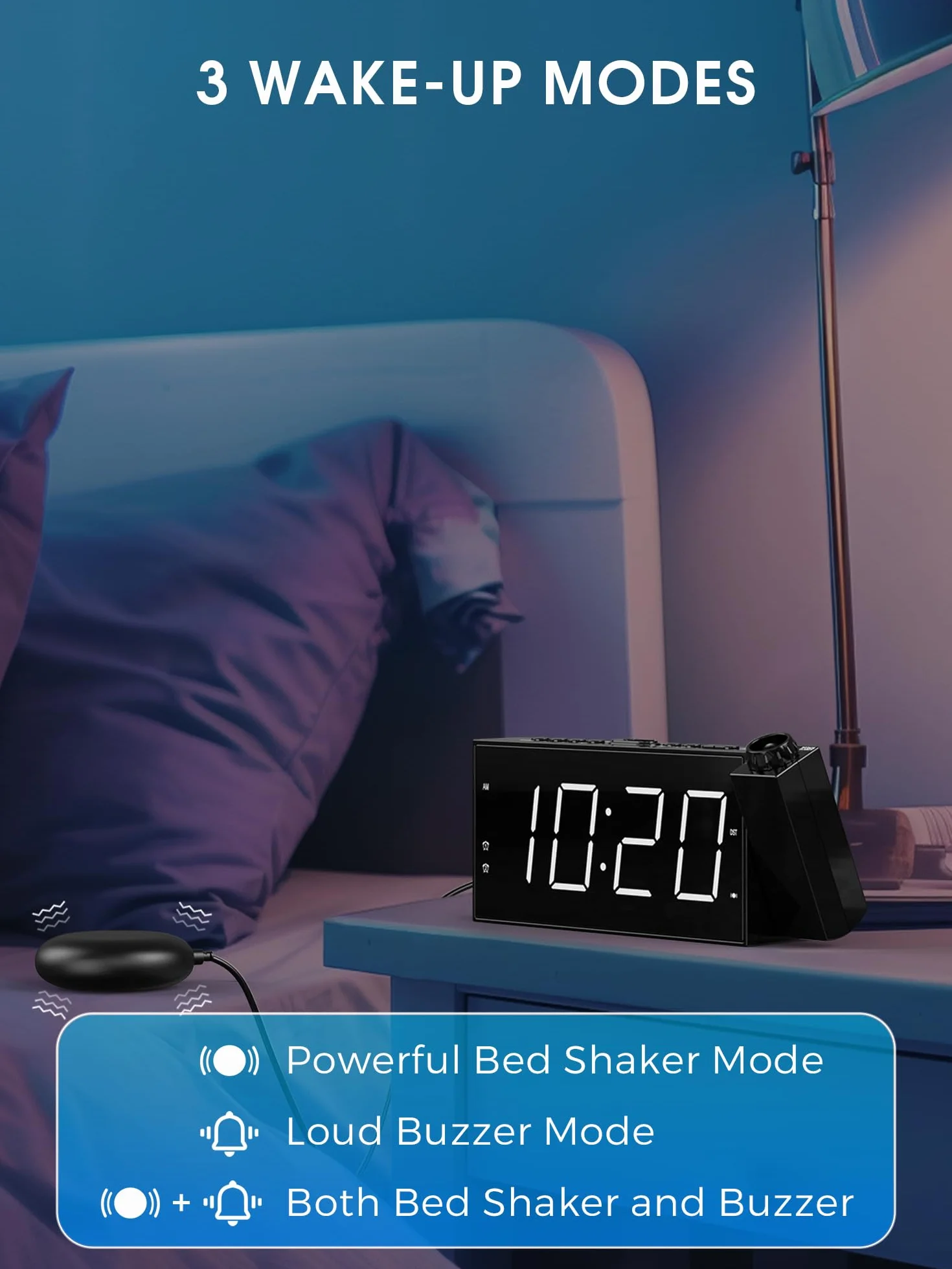 Sveglia A Vibrazione Digitale Con Vibratore per Sordi, Proiezione per Camera da Letto, Doppie Sveglie, Luminosità Regolabile, Volume, Porta USB, Bianco
