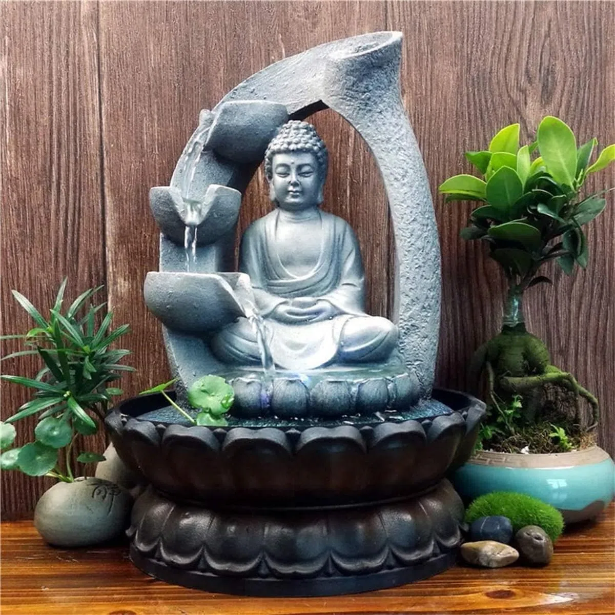Fontana da tavolo a forma di fontana a forma di Buddha per meditazione rilassante, decorazione per interni, kit a cascata con flusso d'acqua circolare, per casa, ufficio, camera da letto