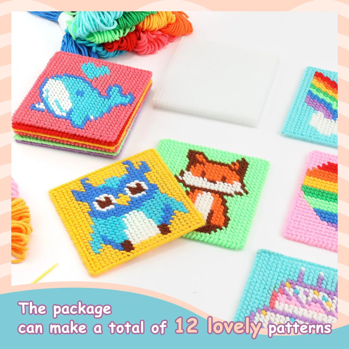 Pllieay Punto Croce Bambini 12-in-1 per Bambini, Kit di Ricamo Include 12 Pezzi di Tela in Plastica Vuota, 16 Fili, 6 Aghi da Ricamo, Kit Punto Croce per Principianti con Istruzion Set Punto Croce