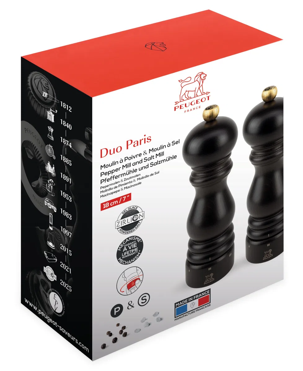 PEUGEOT - Paris u'Select 18 cm Pepper and Salt Mill Set - 6 predefined Grind Settings - Powdered Salt Innovation, Zirlion Mechanism - PEFC Certified Wood - Made in France - Chocolate Finish