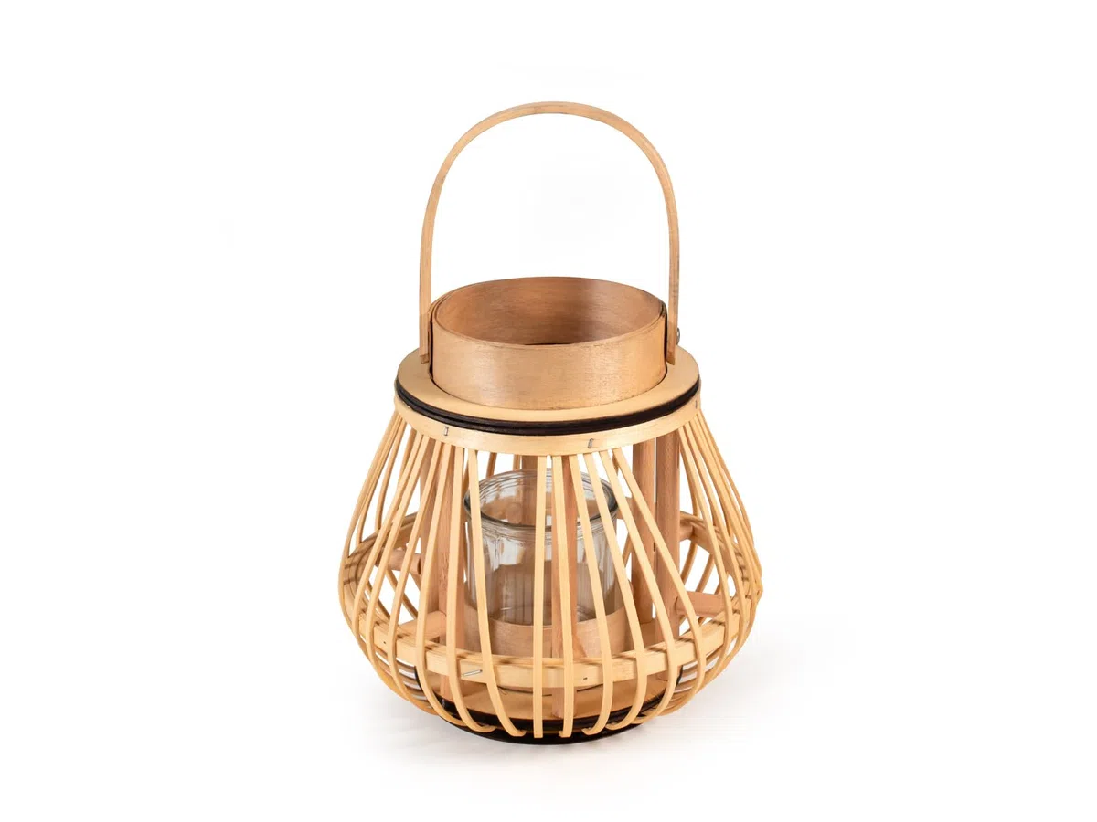 H&H Lanterna in Bambu' e Vetro, 22xH21cm, Decorazione