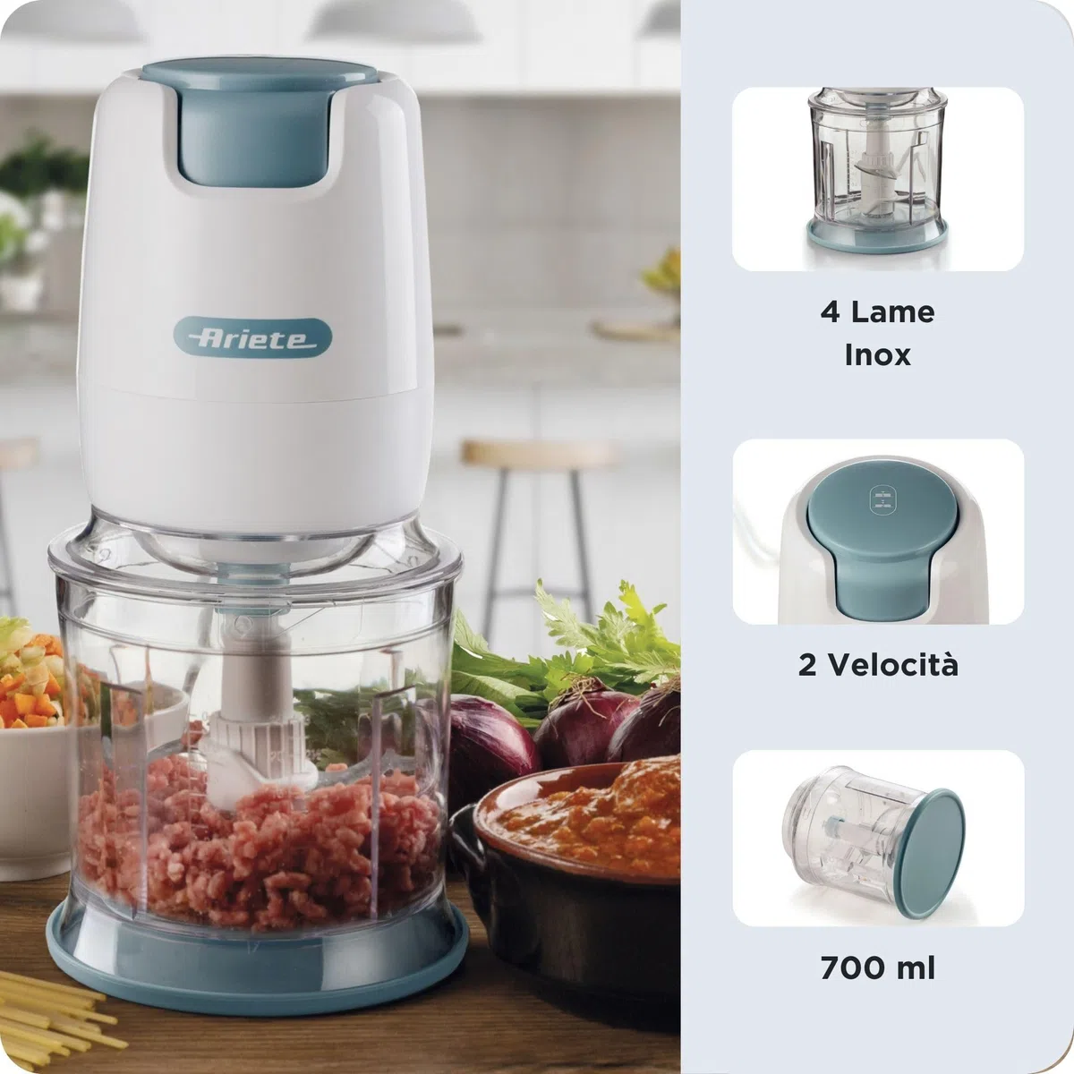 Ariete 437 Tritatutto Breakfast, Chopper, 400W, Capacità 700ml, 4 lame in acciaio inox, 2 velocità, Base antiscivolo, Bianco