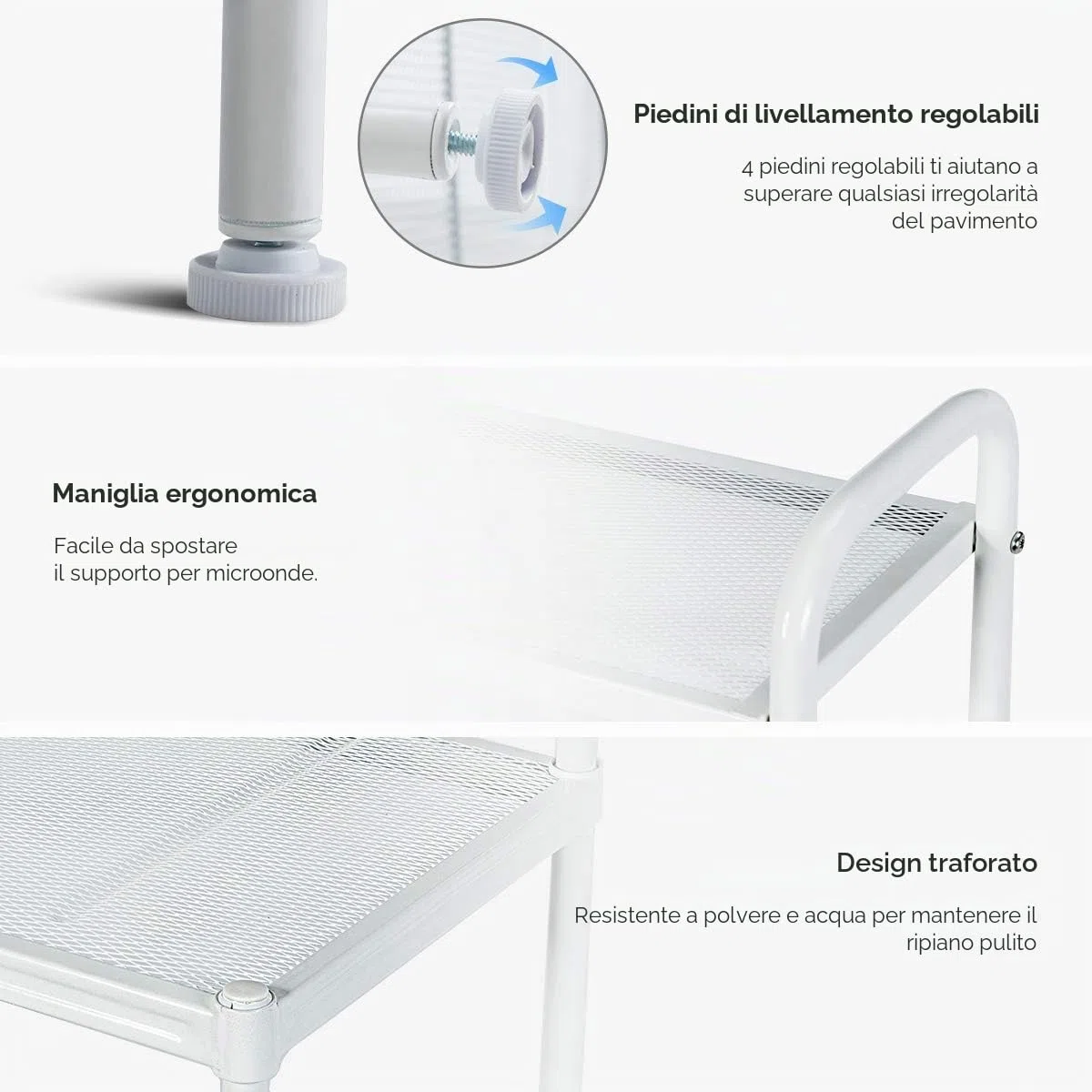KOMFOTTEU Mensola da Cucina a 4 Livelli in Metallo, con 4 Piedini Antiscivolo, 60 x 34,5 x 136 cm, Supporto per Forno a Microonde, Scaffale Multifunzionale per Cucina e Sala da Pranzo (Bianco)