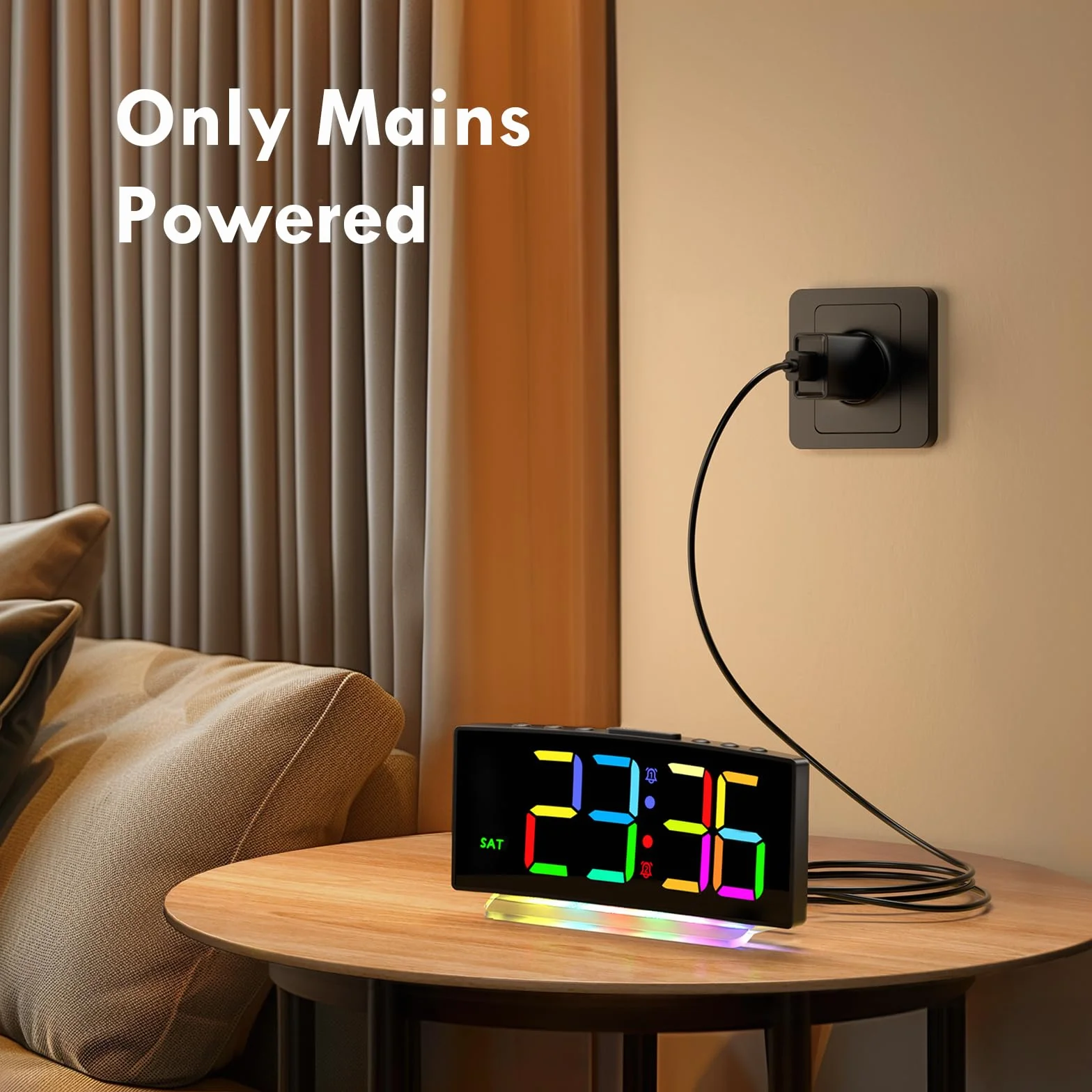 Sveglia da Comodino con Display Digitale a 8 Colori, Snooze, 2 Allarme, Luce Notturna RBG a 7 Colori,4 Livelli di Luminosità, Volume Regolabile, Nero
