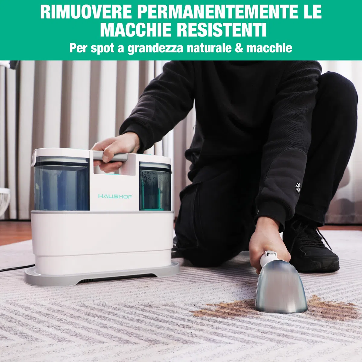 HAUSHOF StainZapper Pro - Lavatappeti Portatile 450W 11,5kPa, 1,5L lava tappezzeria ad Acqua con Detergente e Spazzola per Giunti, lava divano per Pulire Divano, Sedili Auto, Moquette e Tappeti