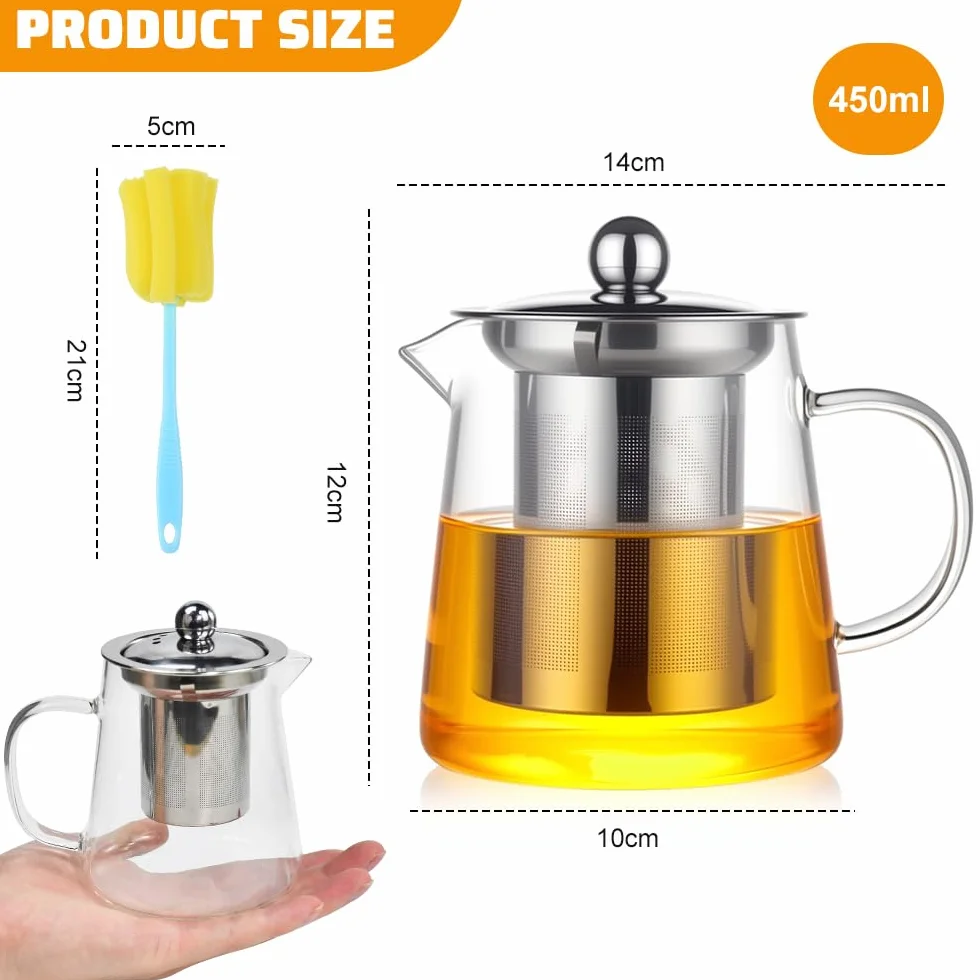 Teiera con Infusore da 450ml Teiera in Vetro Borosilicato con Filtro in Acciaio Inox Teier a in Vetro Resistente al Calore con Pennello per Pulizia per Foglie di Tè Sfuso, Tisane e Caffè