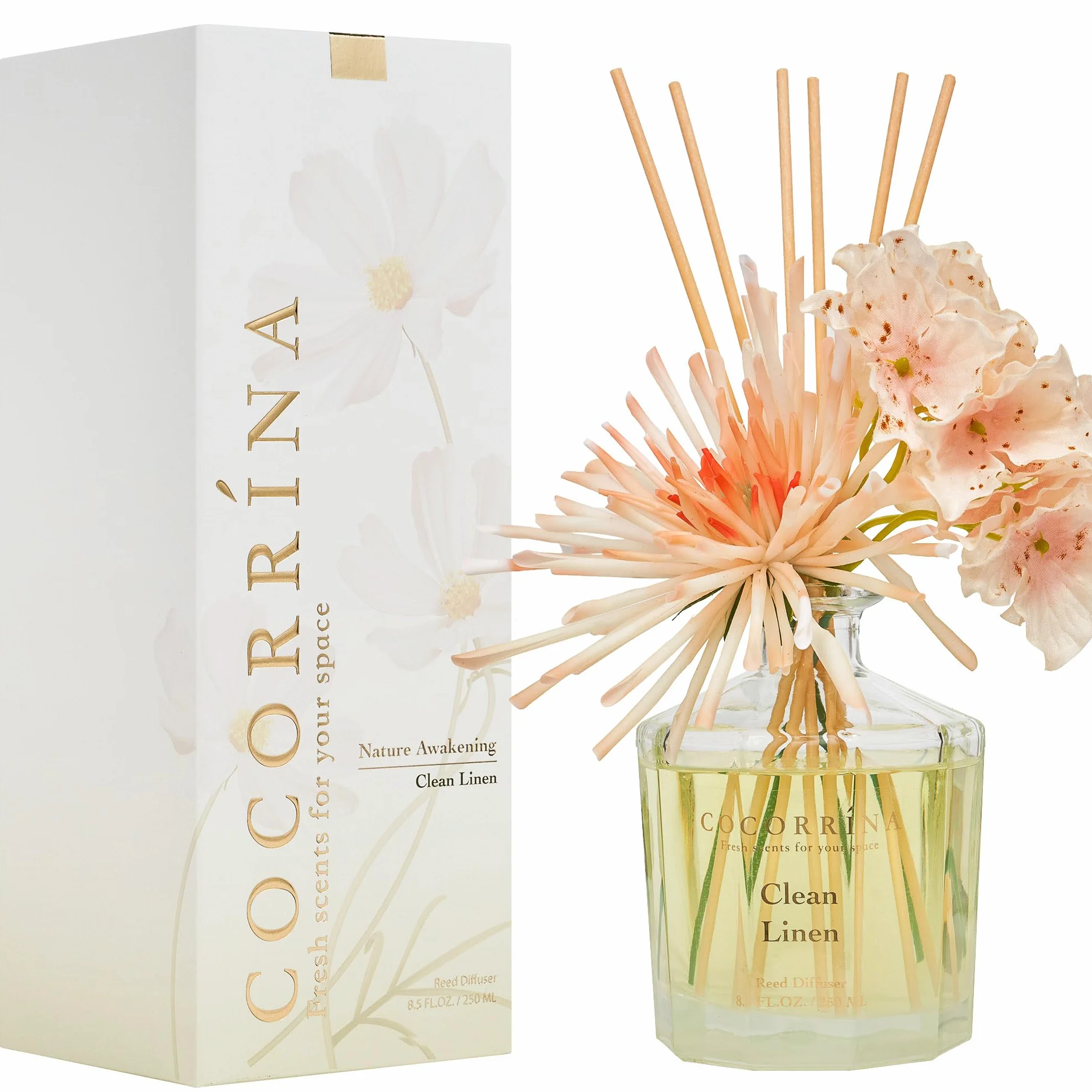 COCORRÍNA Fiore Diffusore Profumo Ambiente con 8 Bastoncini di fragranza 250ml- Clean Linen, naturale, di Lunga Durata, per la Camera da Letto, L'Ufficio, Il Bagno (Collezione Master)