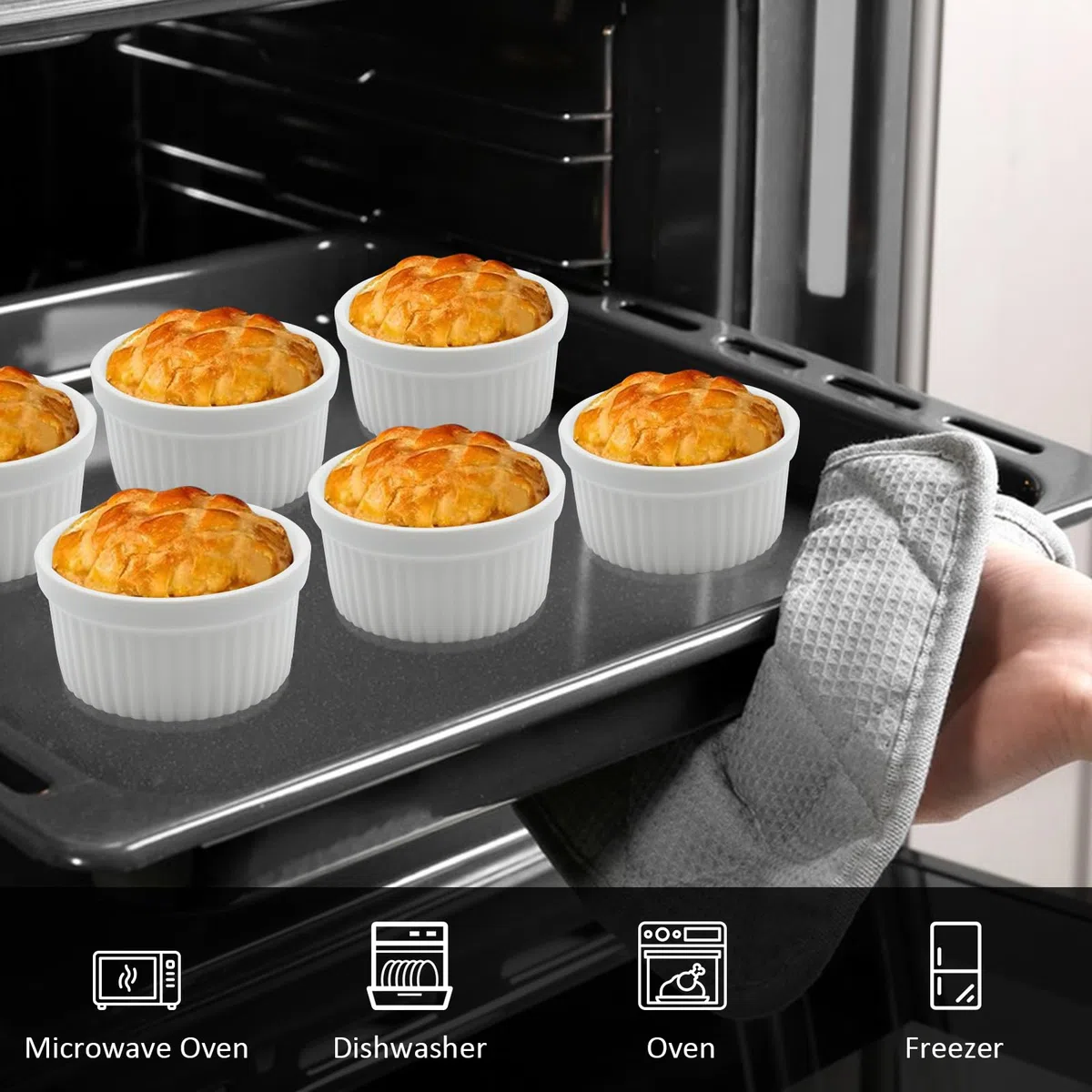 6 Bowl in Ceramica Bianca e 6 Forchette, da 185ml, Cocotte in Porcellana, Pirottini da Forno o per Snack, Cocotte per Crème Brulee, Ideali per Soufflé, Tortino al Cioccolato, Budini ecc..