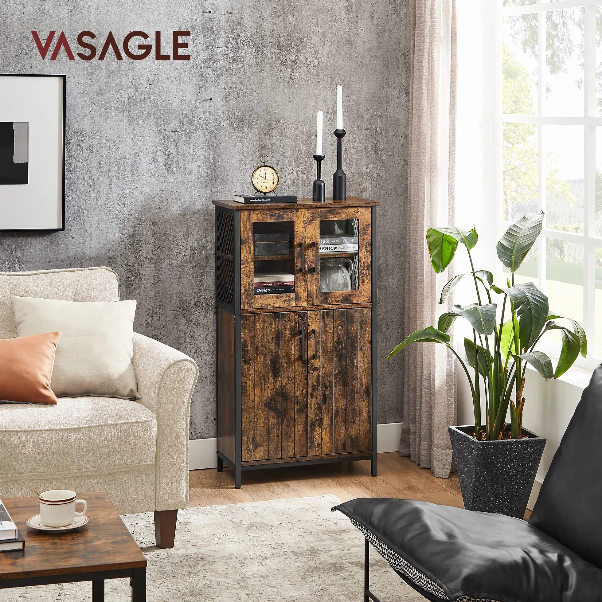 VASAGLE Mobiletto Multiuso, Armadietto, Credenza, Ripiano Regolabile, Mobile da Bagno, Struttura in Acciaio, per Salotto Cucina, Stile Industriale, Marrone Vintage e Nero LSC260B01