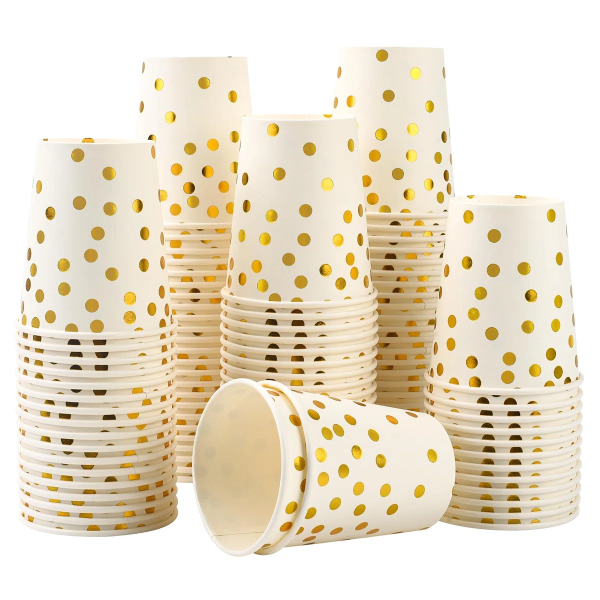CEILIWEN Confezione da 100 bicchieri di carta da festa in oro nero, 9 oz/250 ml, per bevande calde e fredde (bianco-oro)