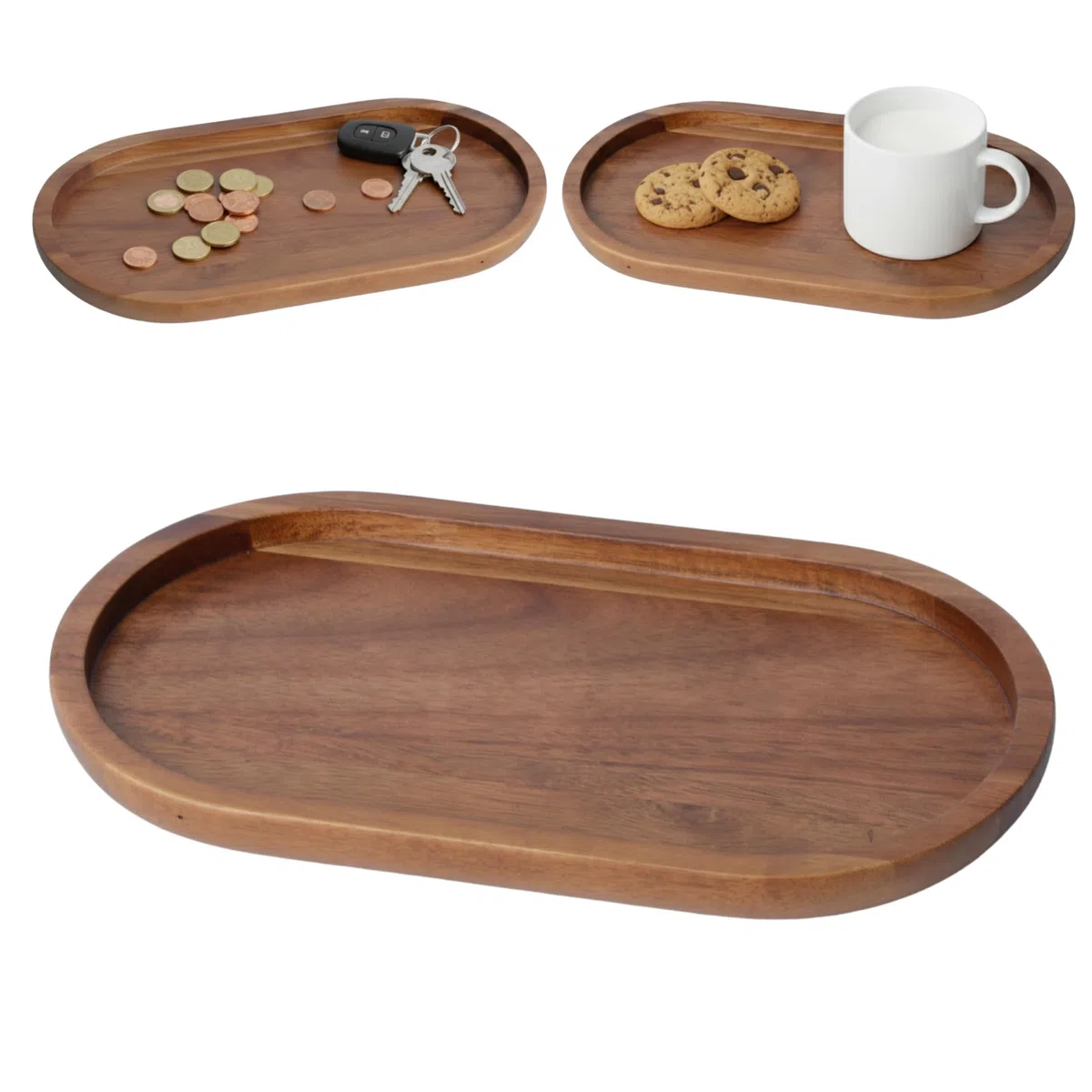 Vassoio Decorativo in Legno di Acacia CURVE - Vassoio Organizzatore Ovale per Cucina e Bagno. Ideale per Sale e Zucchero o Dispenser Sapone. 26 x 14 cm.