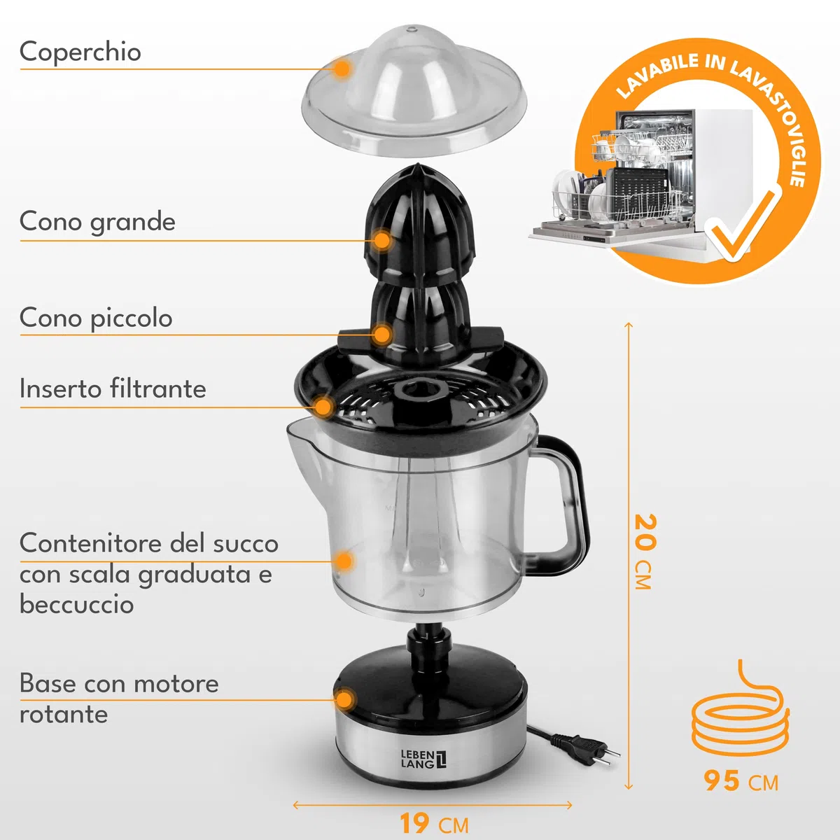LEBENLANG Spremiagrumi elettrico - 2 Coni e senza BPA I Alta resa di succo I 700ml Spremi agrumi elettronico I Spremuta arancia Spremitore arance automatico I Sprema arancie piccolo silenzioso nero