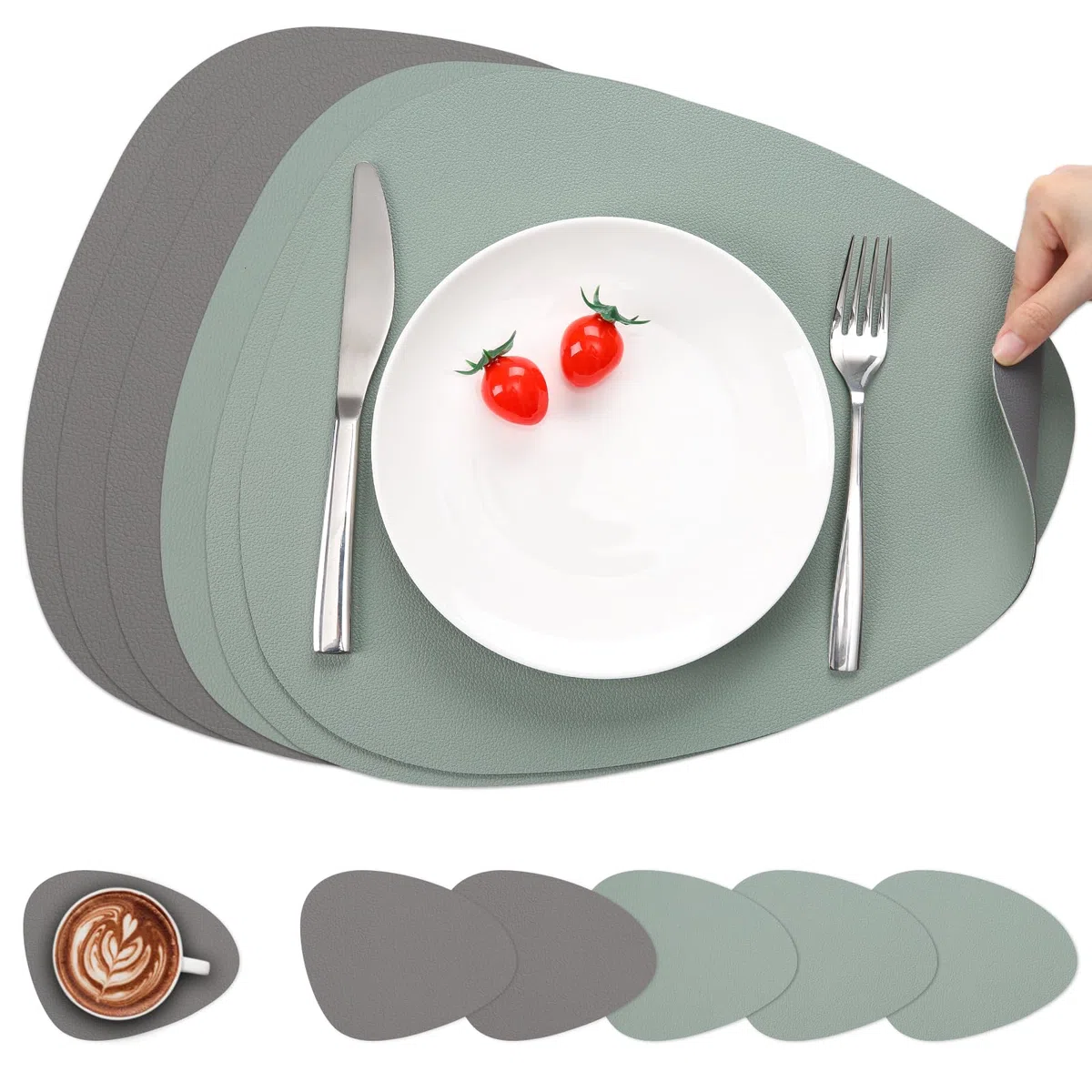 Myir JUN Tovagliette in Pelle e Sottobicchieri, Set Tovagliette Americana Plastica Lavabili Bifacciale Non-scivolose Impermeabile Triangolari (Grigio Verde Salvia, Set di 6)