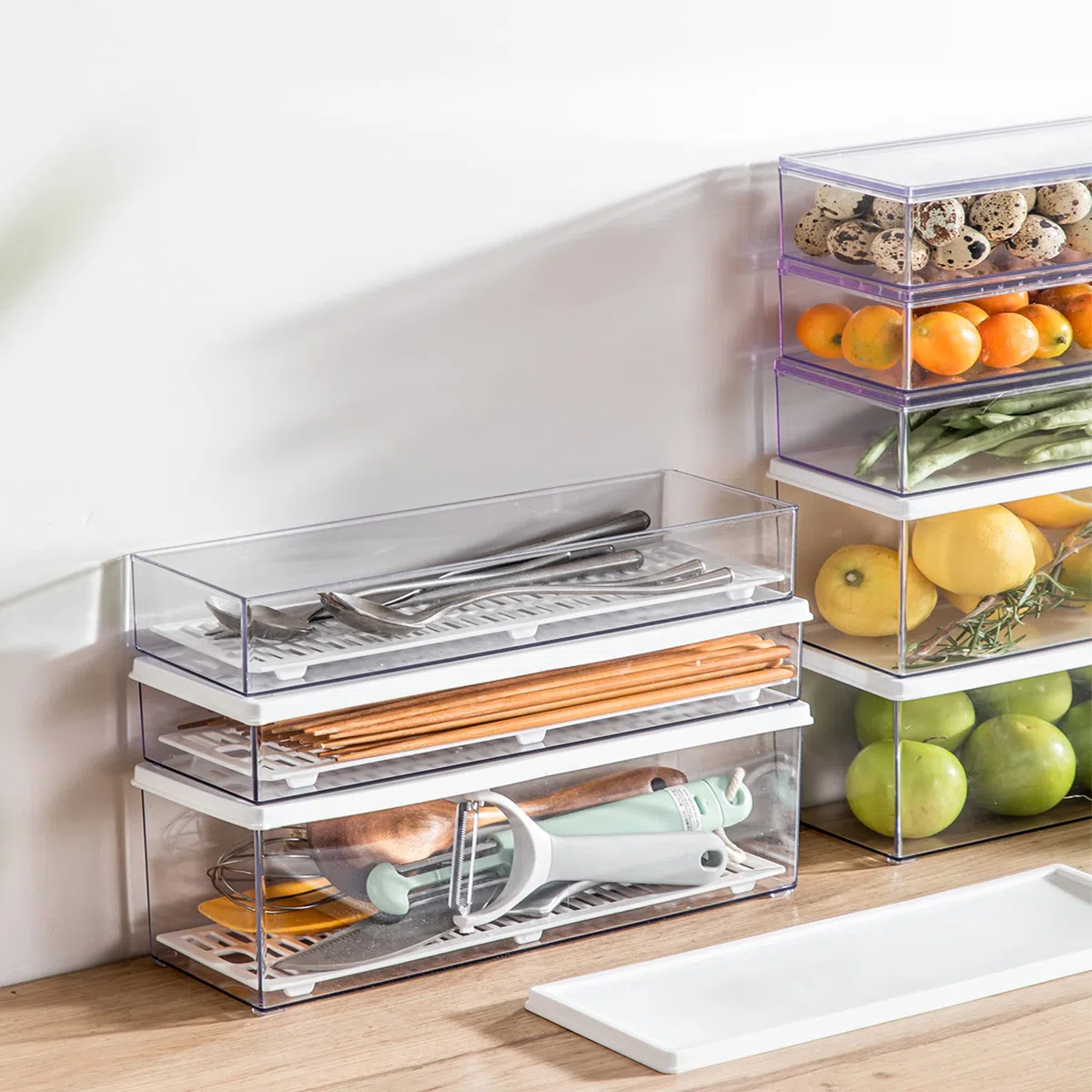 Hanobe Contenitori per pasta per dispensa, grandi contenitori per spaghetti, noodle e lasagne, 2 contenitori rettangolari in grigio trasparente con coperchio di chiusura, cucina, piano di lavoro