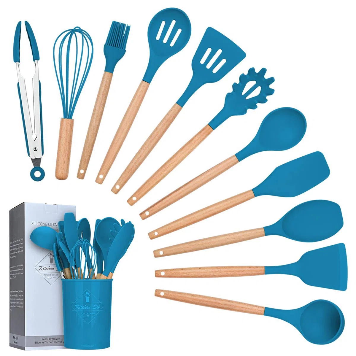 Lychee Utensili Cucina Set,12 Pezzi Set di Utensili da Cucina in Silicone,Resistente al Calore con Manico Legno Antiaderenti da Cucina Strumento di Cottura Termoresistenti (Blu Scuro)