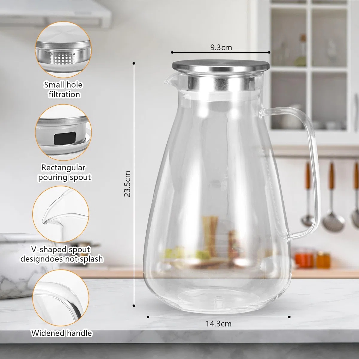Caraffa in vetro da 2,2 litri, bollitore trasparente impermeabile con coperchio in acciaio inossidabile, bollitore sigillato e a prova di perdite, adatto per tè freddo, tè caldo, succo