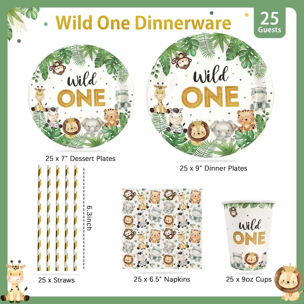 Decorazioni Compleanno 1 Anno Piatti Animali Set per 25 Ospiti, 100 Pezzi Primo Compleanno Bimbo Safari Giungla Stoviglie Wild One Feste Piatti Carta, Tazze e Tovaglioli per Bimbo Ragazzi