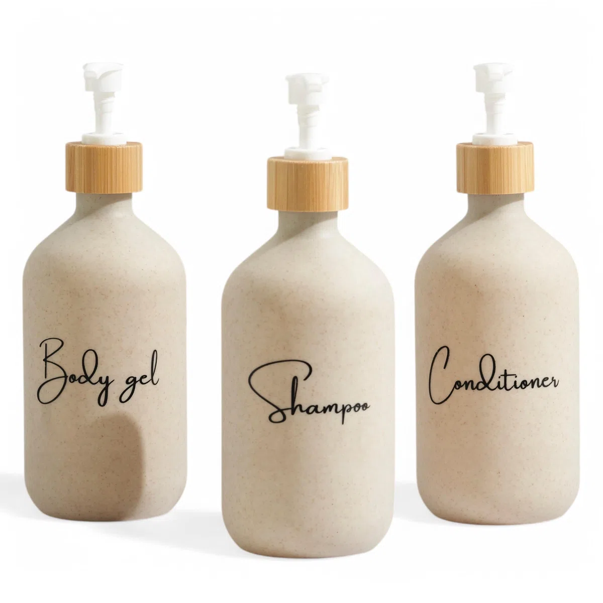 Dispenser sapone bagno beige da 500 ml con dettagli in bambù - Set di 3 flaconi per gel, shampoo e balsamo - Porta sapone bagno elegante e funzionale per mantenere la doccia ordinata e decorata