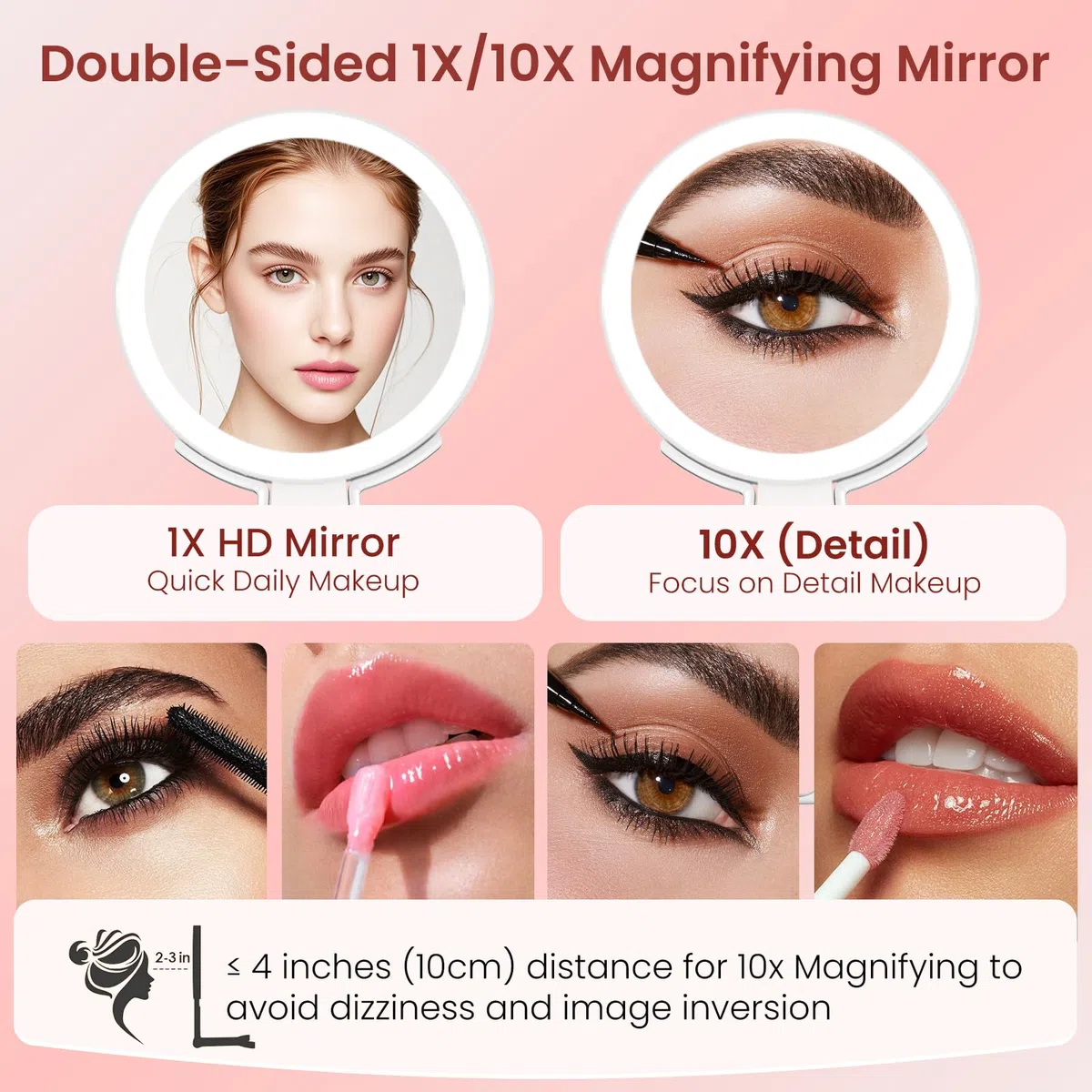 Specchio Trucco con Luci, Specchio Ingranditore 10X/1X a Doppio Lato, Luminosità Regolabile a 3 Colori, Specchio da Tavolo Pieghevole con Foro, Specchio Ricaricabile e Portatile per Viaggio e Casa