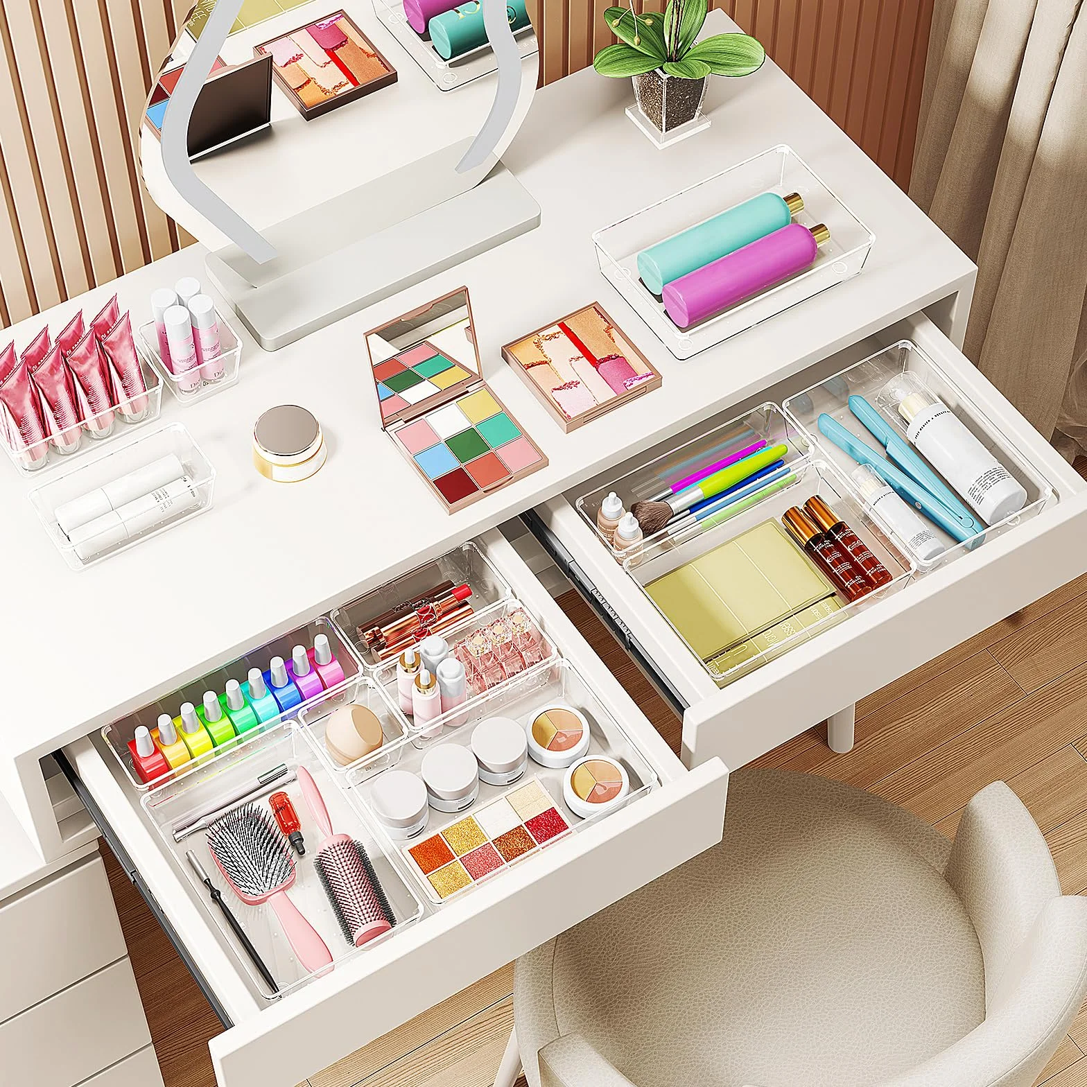 Radikor Organizer Cassetti 25 Pezzi, Organizer Trucchi Cassetti in Plastica Trasparente, Contenitori Cassetto Impilabili di 4 Dimensioni per Bagno, Cucina, Trucchi, Scrivania
