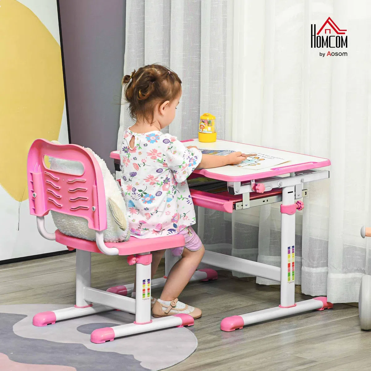 HOMCOM Banco Scuola per Bambini 6-12 Anni Regolabili in Altezza, Set Scrivania e Sedia per Bambini con Piano Inclinabile 45°, Cassetto, 2 Portapenne e Gancio, Rosa