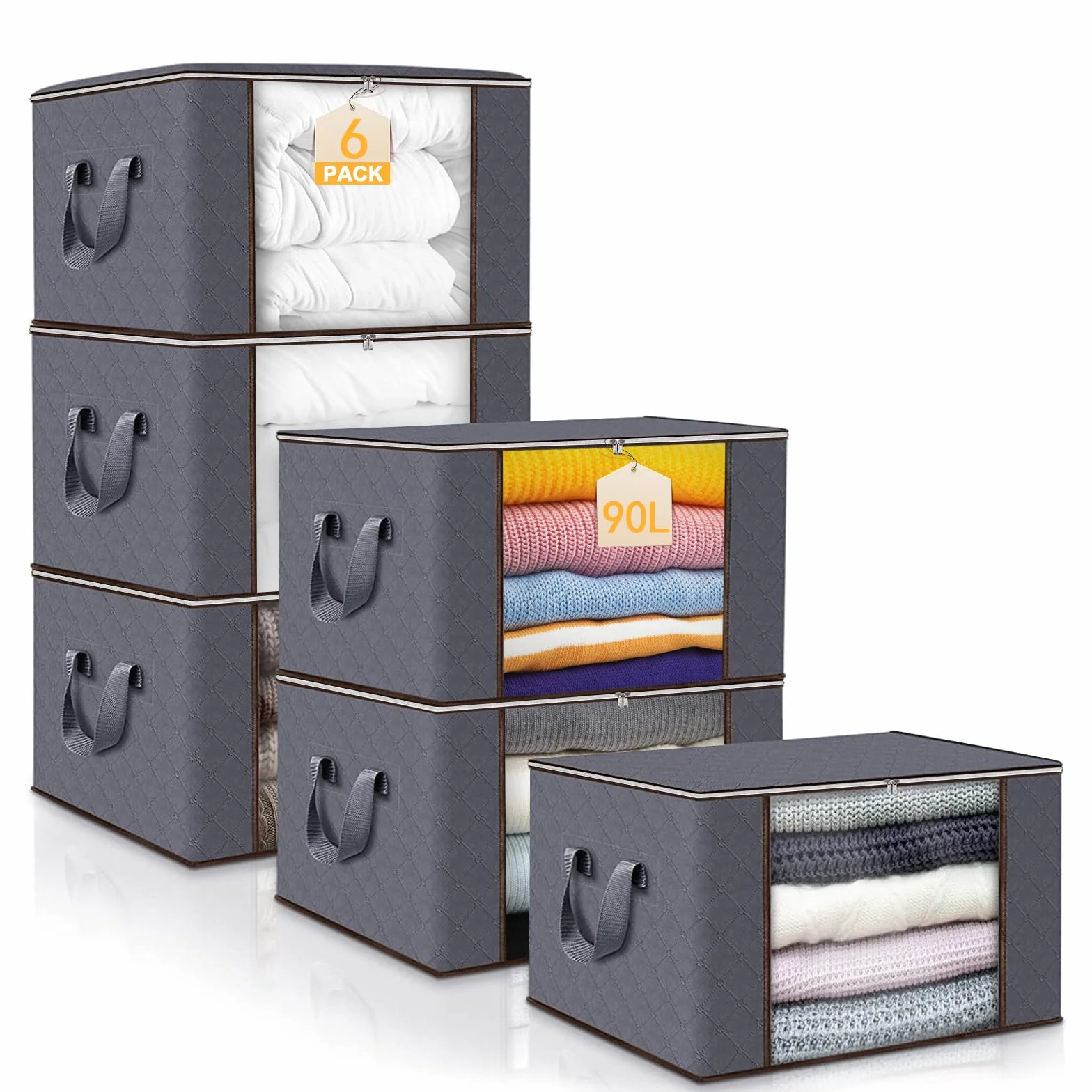 Collazoey 6 pezzi Scatole per Armadio,90L scatole portaoggetti pieghevoli, contenitori portaoggetti per organizzare camere da letto, armadi, vestiti, trapunte, con coperchio e maniglia, grigio