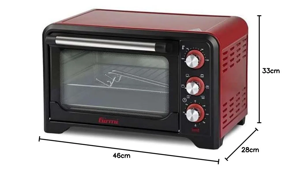 Girmi FE20 Forno Elettrico, 1380 W, 20 Litri, Termostato regolabile 230°, Luce interna, Griglia Inox, Timer 60 min, 4 resistenze riscaldanti, Accesori inclusi Rosso