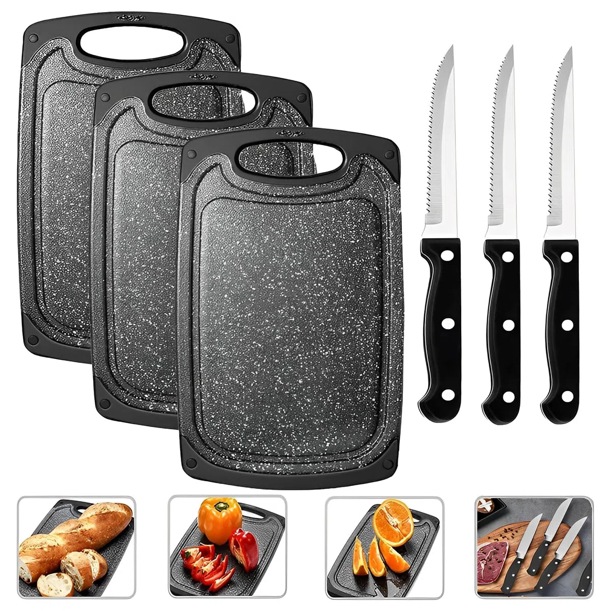 Tagliere da cucina,Set di 3 Tagliere Cucina Set in Plastica Antiscivolo, con 3 pezzi coltelli da bistecca, taglieri con scanalatura per il succo, Tagliere Plastica Senza BPA,per Carne,Verdure e frutta